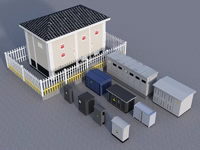 Industrial Equipment Setup With White Fenced Building And Tiled Roof Various Colored Enclosures And Cabinets 3d model