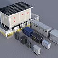 Industrial Equipment Setup With White Fenced Building And Tiled Roof Various Colored Enclosures And Cabinets