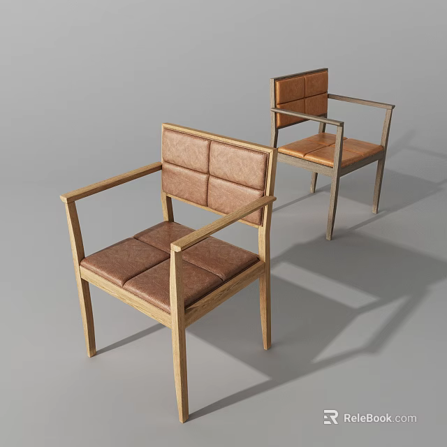 Stylish Leisure Chairs with Wooden Frame Brown Leather Upholstered Seat Backrest and Armrests 3d model 