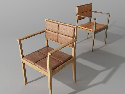 Stylish Leisure Chairs with Wooden Frame Brown Leather Upholstered Seat Backrest and Armrests 3d model