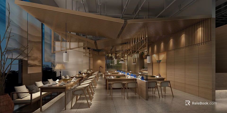 Modern Restaurant Interior With Wooden Ceiling Pendant Lights And Dining Tables Chairs 3d model 