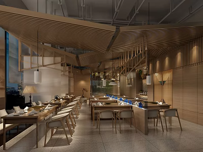 Modern Restaurant Interior With Wooden Ceiling Pendant Lights And Dining Tables Chairs 3d model