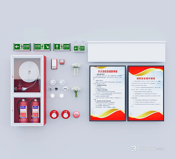 Complete Fire Equipment Setup With Cabinet Extinguishers Emergency Lights And Safety Signs 3d model 