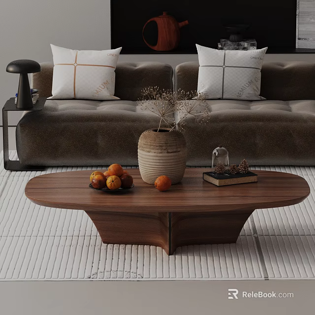 Modern Brown Sofa With Decorative Cushions And Wooden Oval Coffee Table With Woven Vase Oranges 3d model 