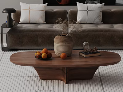 Modern Brown Sofa With Decorative Cushions And Wooden Oval Coffee Table With Woven Vase Oranges 3d model