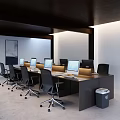 Modern Office Workspace With Multiple Desks Computer Monitors And Black Office Chairs 3d model