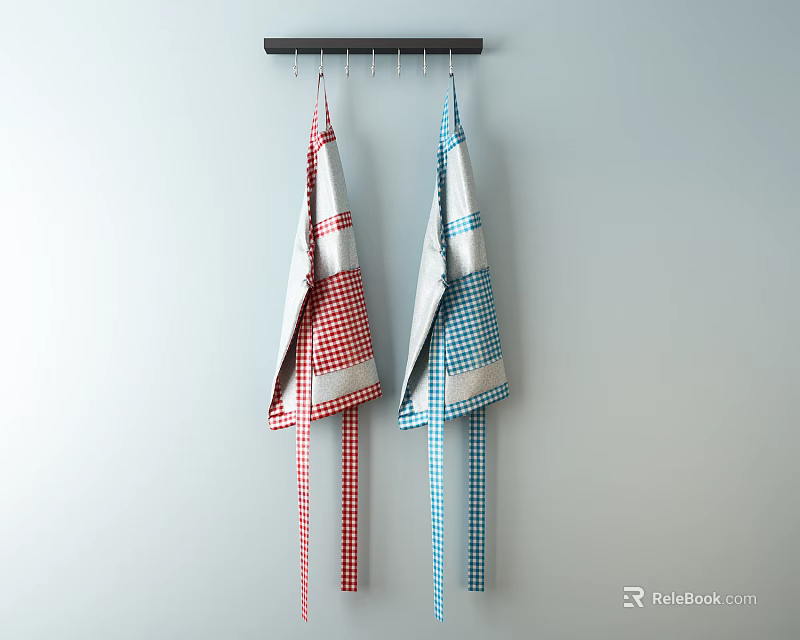 Red and Blue Checkered Kitchen Aprons Hanging on Black Wall Hooks 3d model 