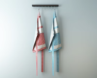 Red and Blue Checkered Kitchen Aprons Hanging on Black Wall Hooks 3d model