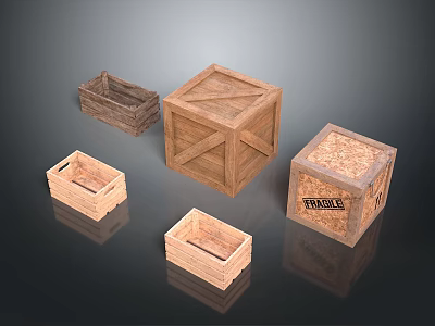 Wooden Crates In Various Sizes And Styles With Open Closed Designs And Fragile Label 3d model