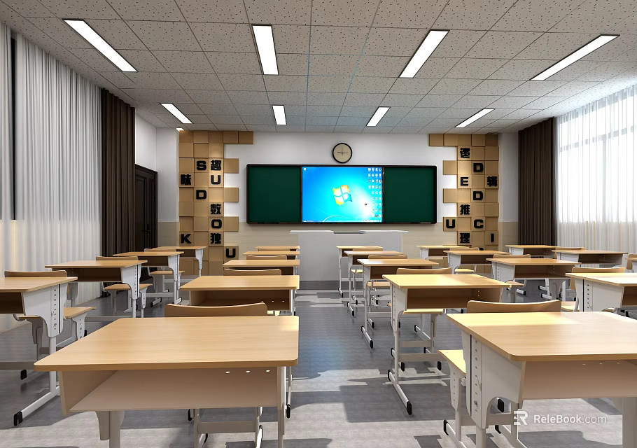 Modern School Classroom Interior With Desks Chairs Greenboard Clock Bookshelves and Lighting 3d model 
