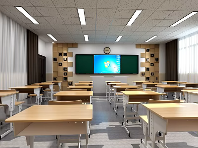 Modern School Classroom Interior With Desks Chairs Greenboard Clock Bookshelves and Lighting 3d model