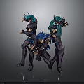 Three Armored Characters With Blue Teal Hair In Dynamic Action Poses