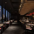 Modern Restaurant Interior Design With Unique Pendant Lights Wooden Tables Red Chairs And Decorative Walls