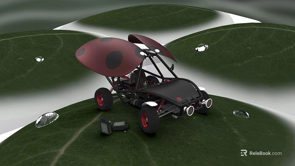 Ladybug Inspired Buggy with Red Spotted Top Black Body on Green Leaf and Water Droplets 3d model 