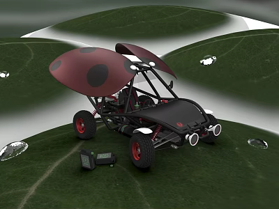 Ladybug Inspired Buggy with Red Spotted Top Black Body on Green Leaf and Water Droplets 3d model