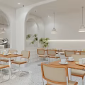 Modern Open Cafe Interior With White Walls Arched Doorways Wooden Tables Plants And Display Shelves