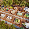 Scenic Campsite With Colorful Tents Trees String Lights And Hot Air Balloon At Sunset