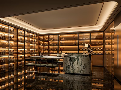 Luxurious Wine Cellar Interior With Wooden Racks Wine Bottles And Marble Countertop 3d model