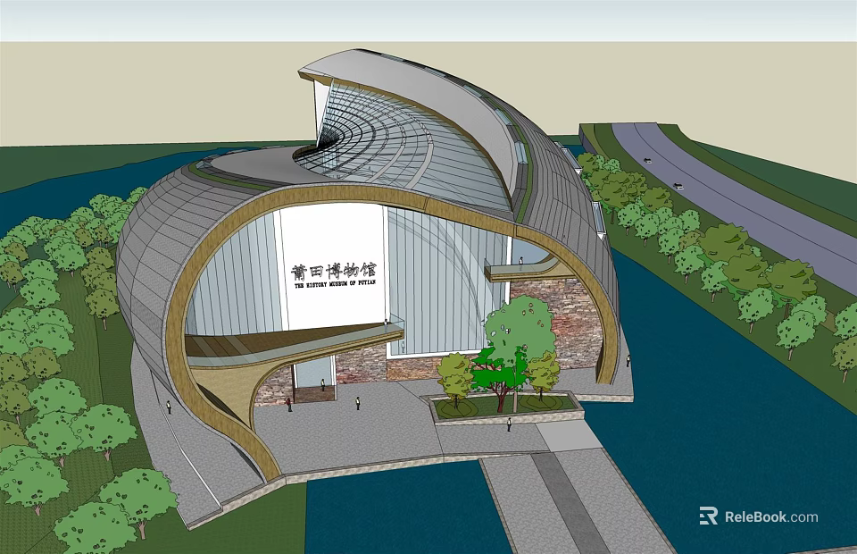 Modern Mengding Mountain Museum Building Featuring Curved Roof And Waterfront Greenery 3d model 