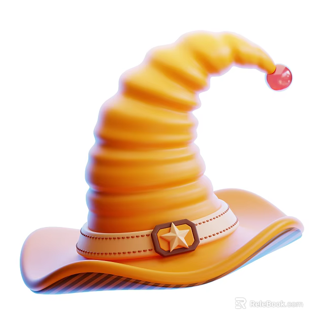 Yellow Spiral Top Wizard Hat With Red Pom Pom Wide Brim And Star Buckle 3d model 