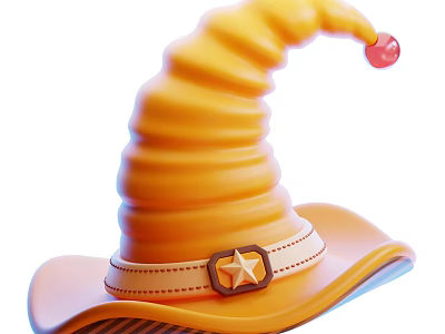 Yellow Spiral Top Wizard Hat With Red Pom Pom Wide Brim And Star Buckle 3d model