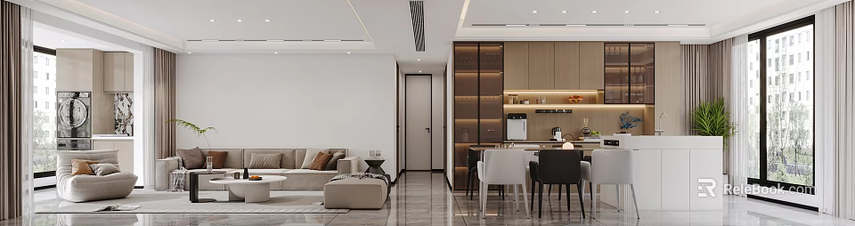 Modern Dining and Living Room Interior With Sofa Dining Table Chairs And Open Layout 3d model