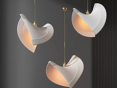 Modern Curved White Pendant Lights With Golden Rod And Warm Glow In Interior 3d model