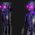 Two Eerie Skeleton Creatures With Purple Glowing Eyes And Wooden Texture