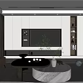 Modern Living Room Interior Design With TV Wall Built-in Shelves Round Coffee Table And Plant