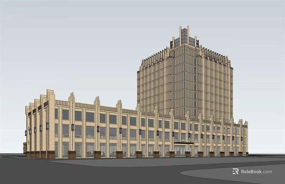 Modern Office Building Complex Featuring High Rise Tower And Multi Story Structure With Glass Facade 3d model