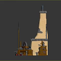 Two Symmetrical Yellow Tower Models With Orange Mechanical Structures On Black Reflective Floor