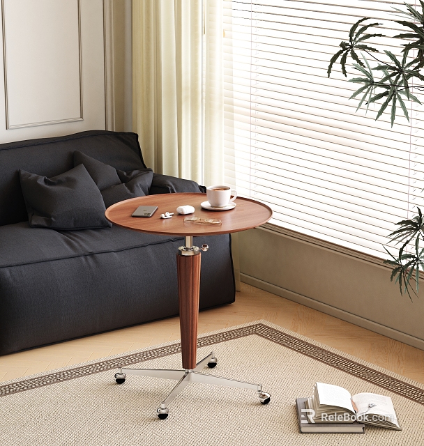 Modern Round Wooden Side Table On Wheels In Living Room With Sofa Rug And Plant 3d model 