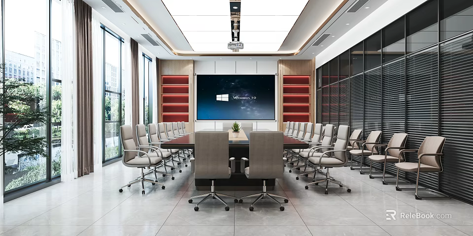 Modern Conference Room Interior With Large Screen Conference Table And Comfortable Chairs 3d model