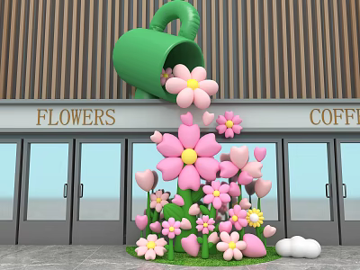 Inflatable Green Pot Pouring Pink Flowers At Flowers Coffee Storefront With Grass Clouds 3d model