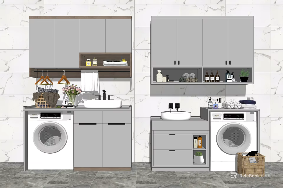 Modern Gray Bathroom Cabinet Unit With Washing Machine Sink Wall Cabinets And Marble Wall 3d model 