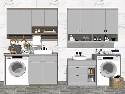 Modern Gray Bathroom Cabinet Unit With Washing Machine Sink Wall Cabinets And Marble Wall 3d model