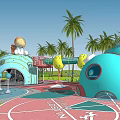 Outdoor Children's Playground With Blue Cartoon Structures Slides Palm Trees Pink Ground And Green Lawn