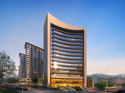 Modern Tall Office Building With Glass Curtain Wall And Surrounding Residential Buildings 3d model