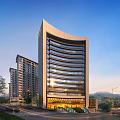 Modern Tall Office Building With Glass Curtain Wall And Surrounding Residential Buildings