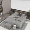 Modern Double Bed with Shaggy Blanket Gray Dark Pillows Nightstand Ottoman Rug and Potted Plant