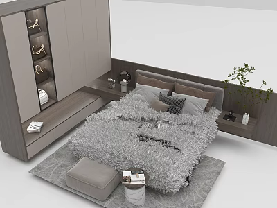 Modern Double Bed with Shaggy Blanket Gray Dark Pillows Nightstand Ottoman Rug and Potted Plant 3d model