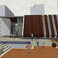 Modern Architectural Exterior With Glass Curtain Walls Outdoor Leisure Area Tables Chairs And Trees