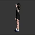 Woman In Plaid Top And Black Skirt Waving With Blue Shoes