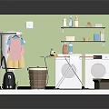 Cartoon Laundry Room Scene With Washing Machine Dryer Clothes Rack And Laundry Basket