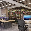 Modern Public Office Space Featuring Long Table Purple Flowers Black Office Chairs Bookshelves Green Plants