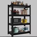 Dinnerware Set with Cookware Microwave and Kitchen Items on Black Multi tier Shelf