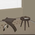 Two Wooden Stools With Curved Legs Round Top Featuring Books On Geometric Carpet