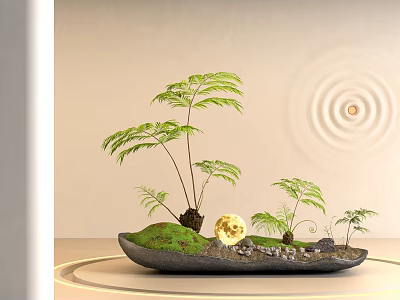 Miniature Garden Design With Green Ferns Moss Yellow Ornament And Stones 3d model