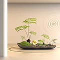 Miniature Garden Design With Green Ferns Moss Yellow Ornament And Stones