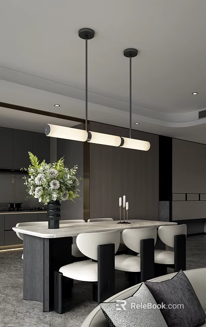 Modern Restaurant Interior With Marble Dining Table Hanging Pendant Light And Floral Arrangement 3d model 